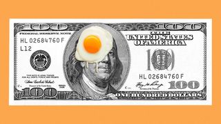 Illustration of a hundred dollar bill with Benjamin Franklin with egg on his face